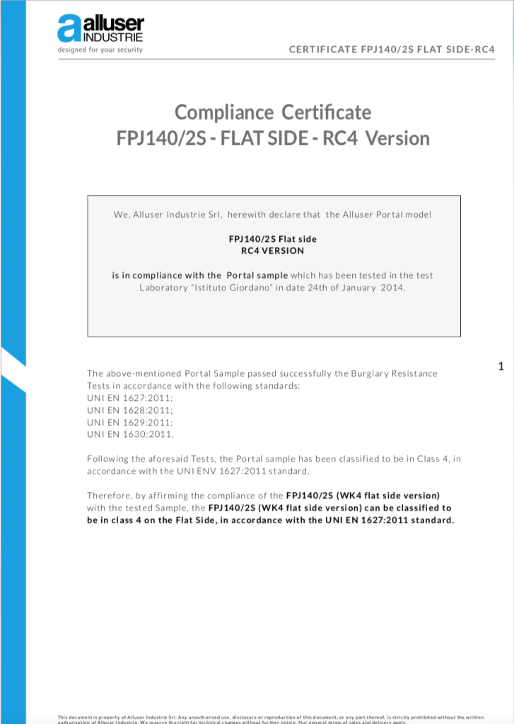 RC4 EN 1627 Burglar Resistance Certifications of Alluser Industrie