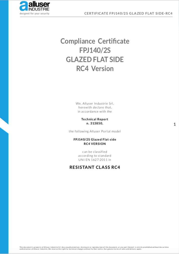 RC4 EN 1627 Burglar Resistance Certifications of FPJ140/2S Alluser Industrie