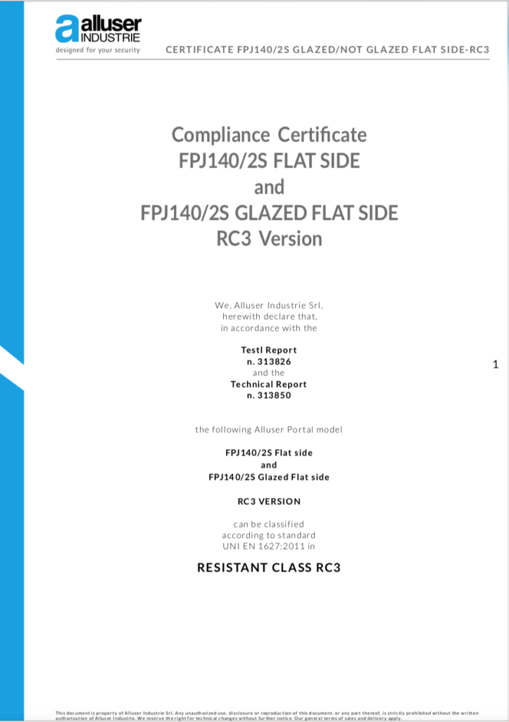 RC3 EN 1627 Burglar Resistance Certifications of FPJ140/2S Alluser Industrie