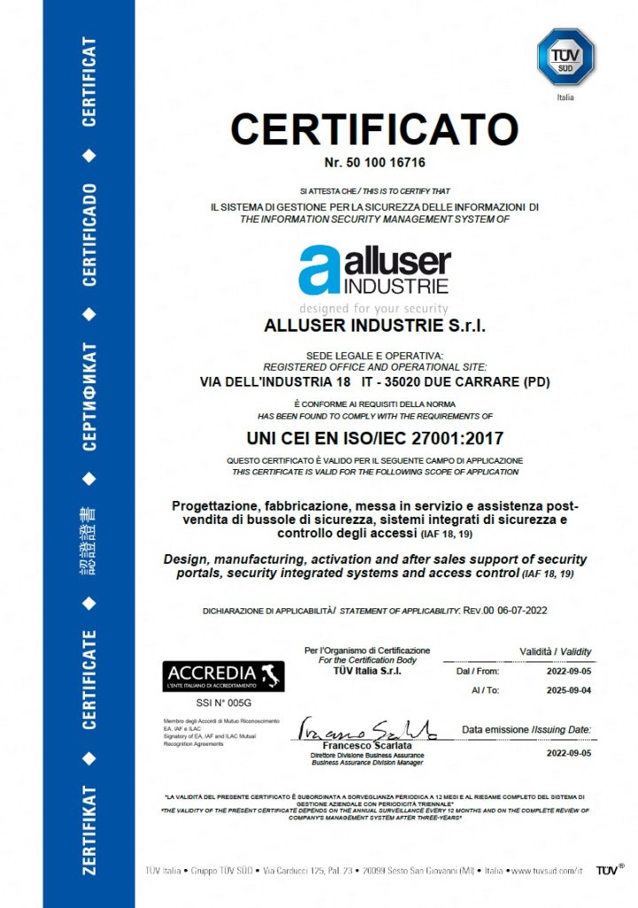 Certification 27001:2017 Alluser industrie