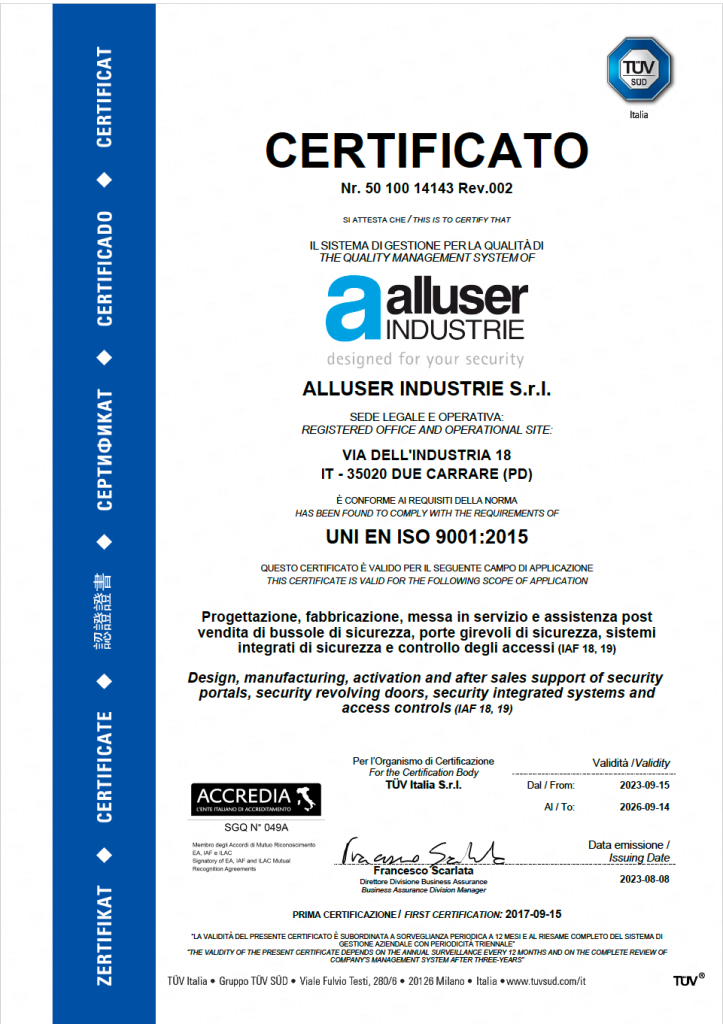 Alluser quality Certificate ISO 9001